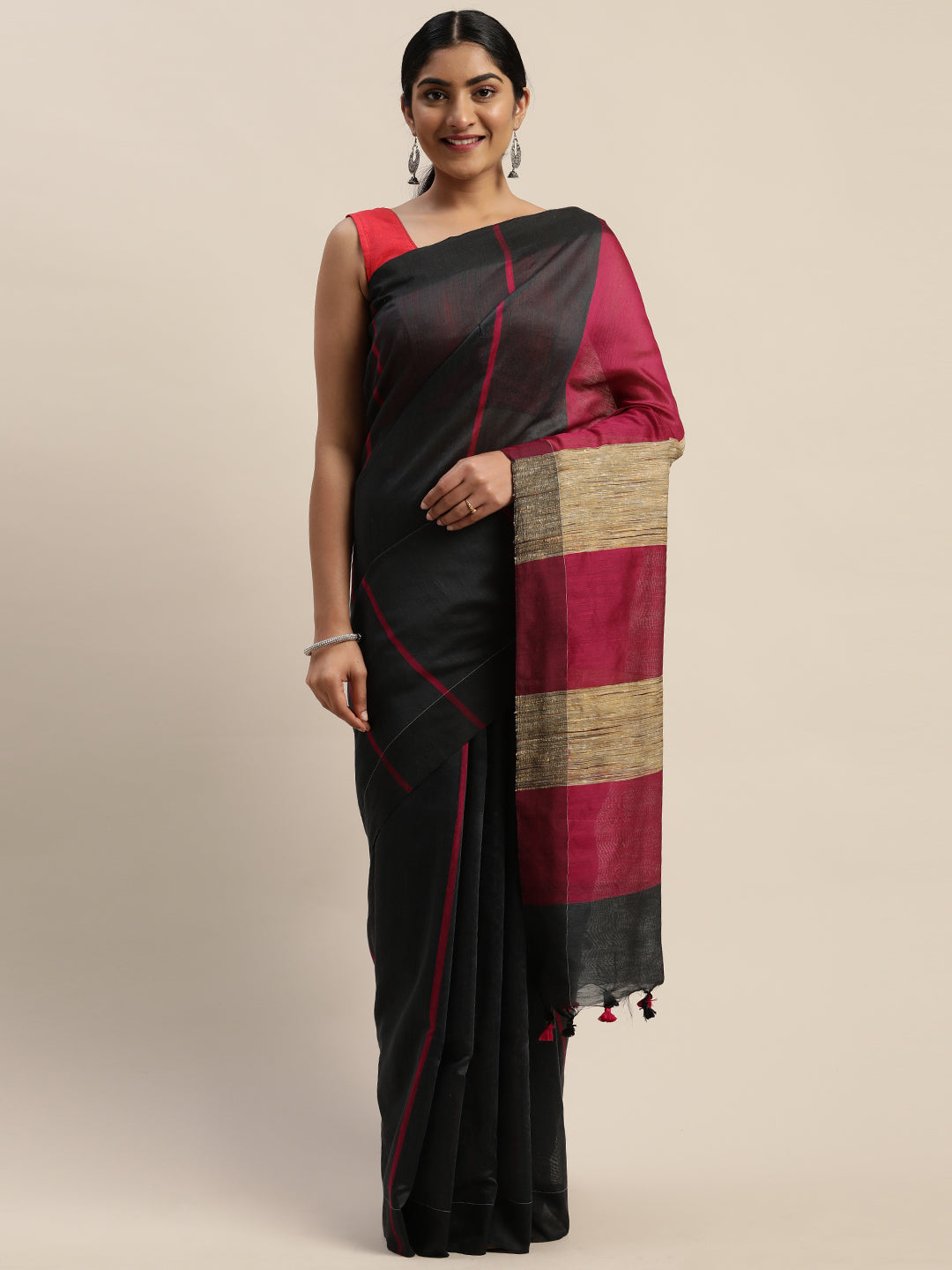 Black & Pink Handloom Striped Saree (TDSR-01-BLACK)