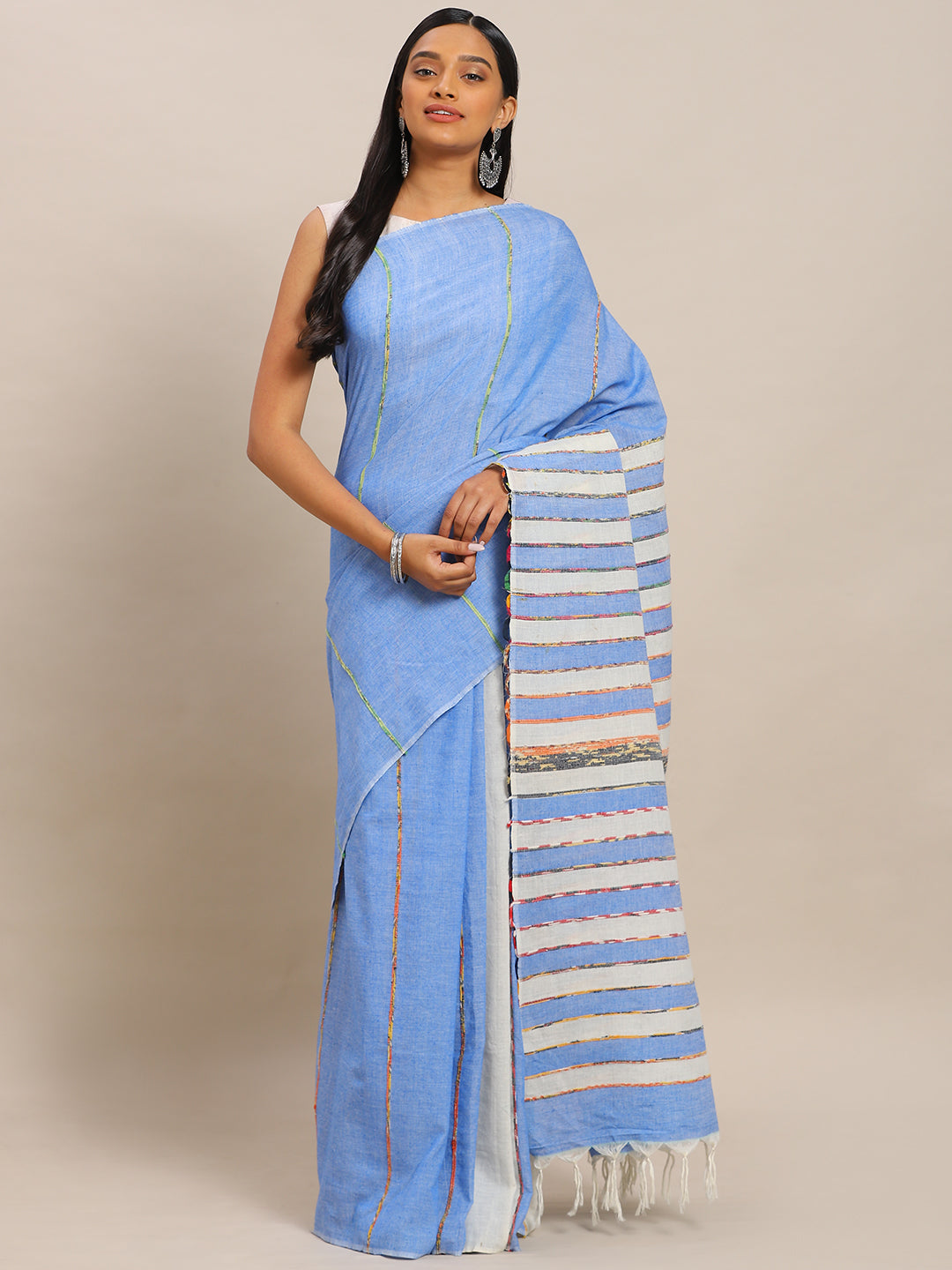 Blue Pure Cotton Striped Pure Handloom Soft Linen Saree (NASR2-23-DBLUE)