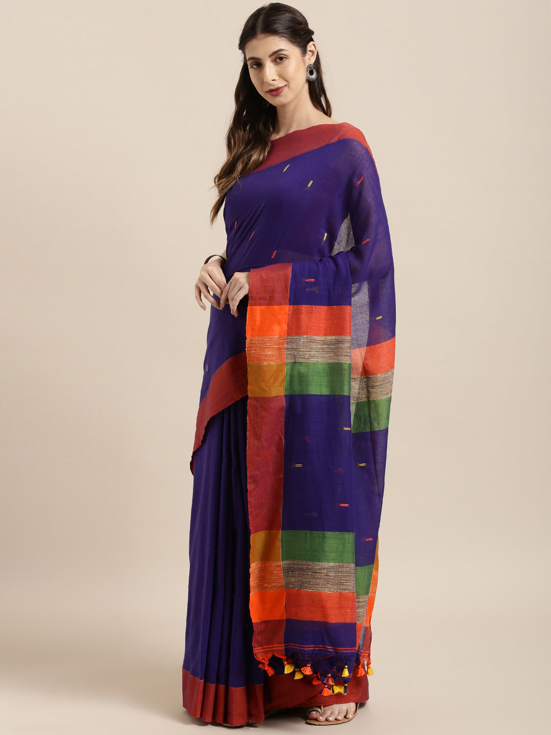 Blue & Orange Pure Cotton Solid Linen Saree (NASR1-12-BLUE)