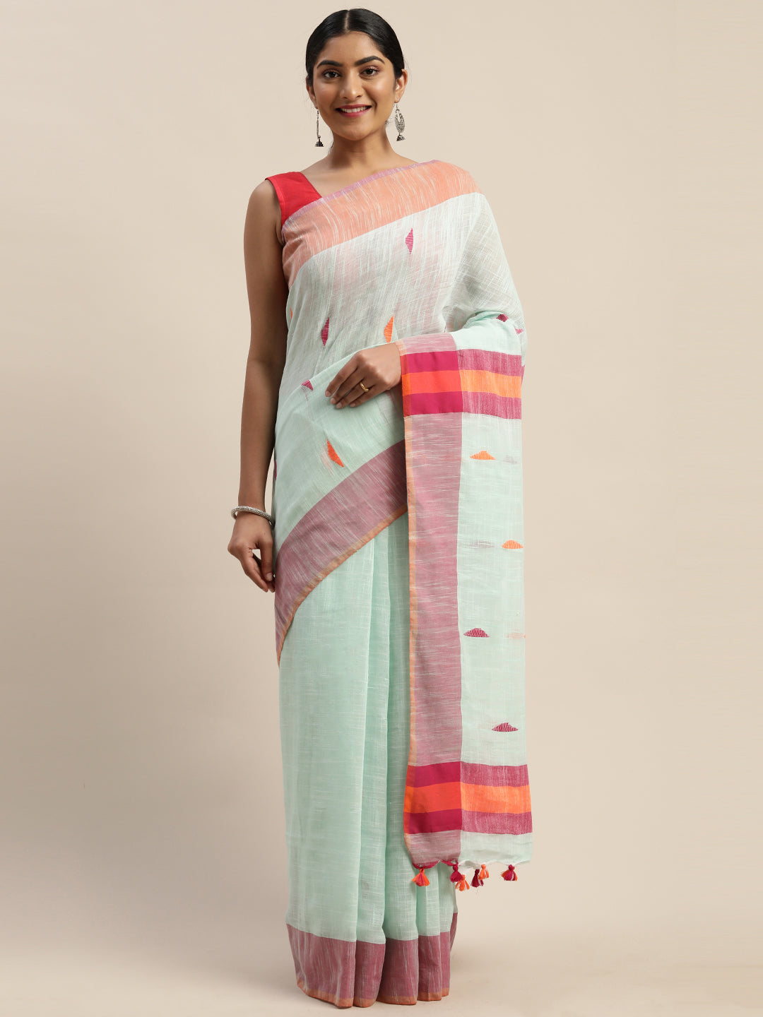 Sea Green Pure Cotton Woven Design Handloom Linen Saree (TDSR-03-SGREEN)