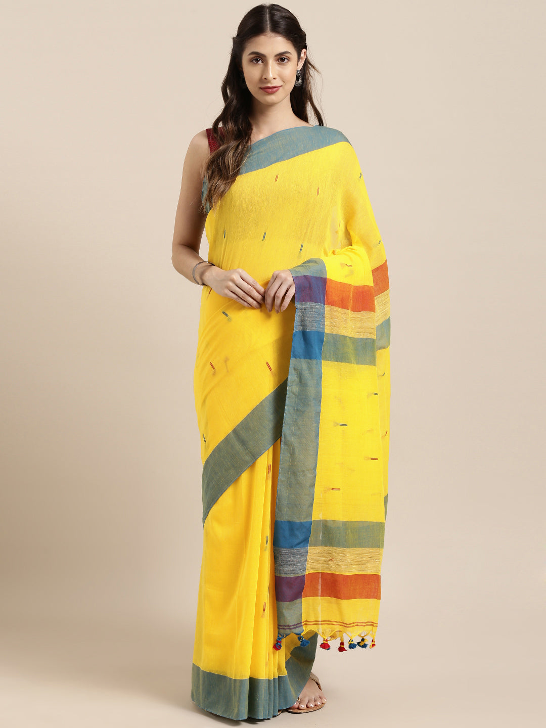 Yellow & Blue Pure Cotton Woven Design Linen Saree (NASR1-16-YELLOW)