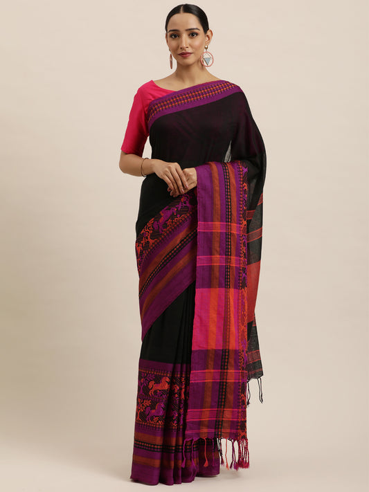 Black & Purple Woven Design Pure Cotton Saree (TDSR3-23-BLACK)