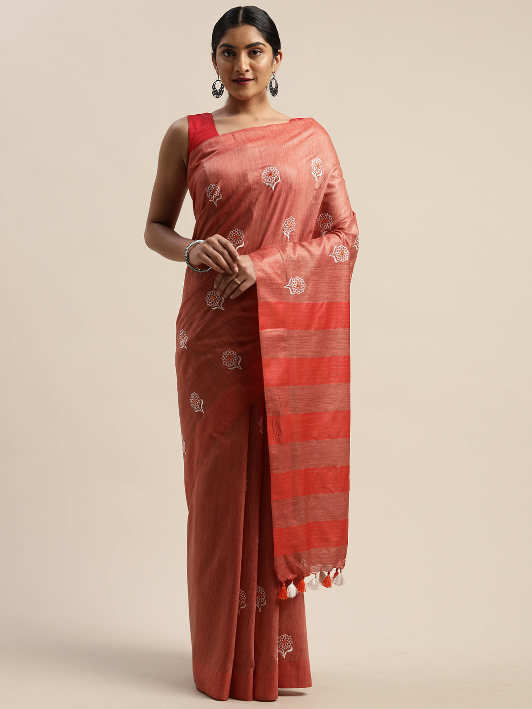 Red & White Pure Cotton Embroidered Kota Saree (TDSR-06-PEACH)