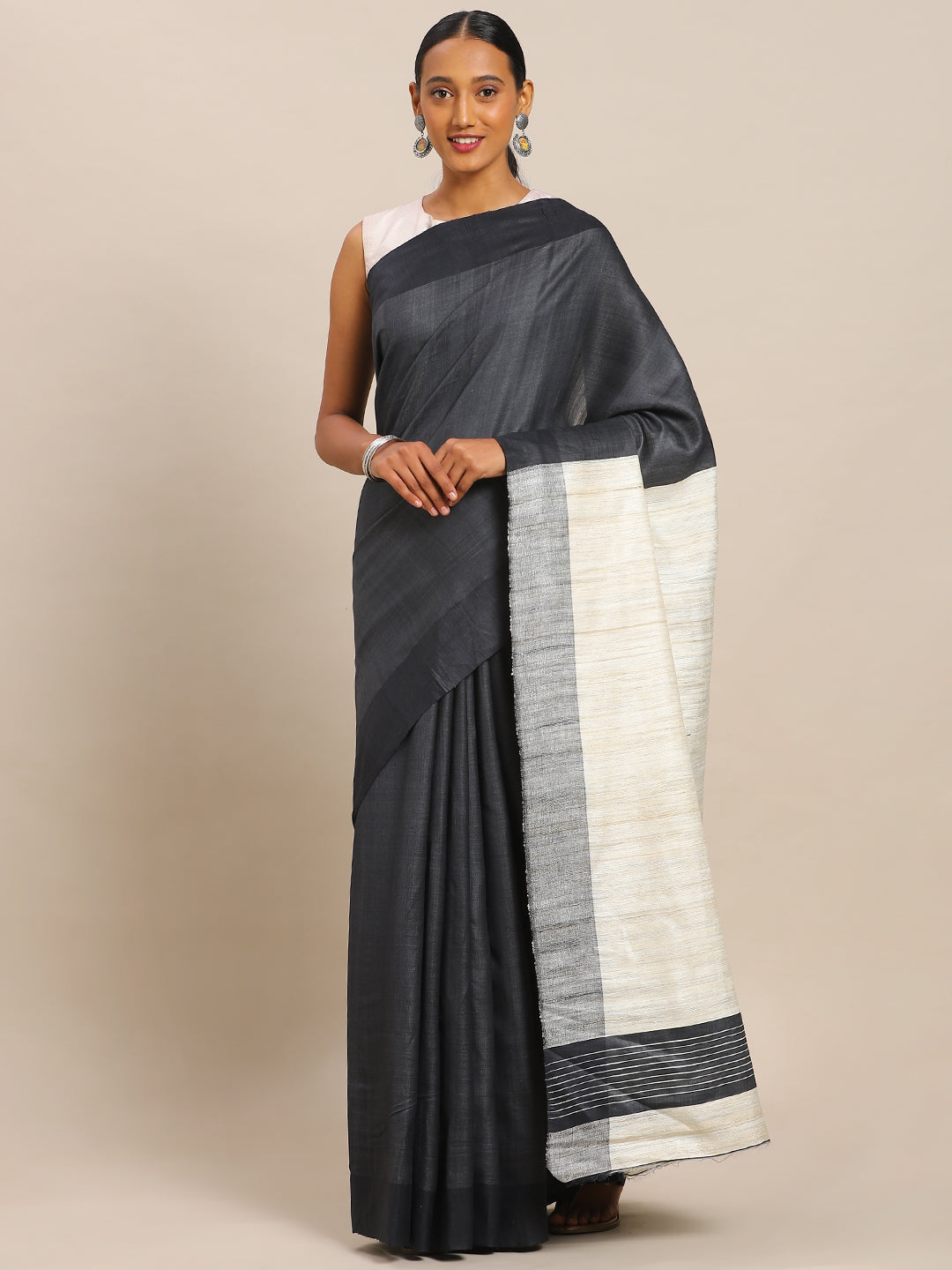 Black Pure Silk Solid Tussar Saree (NASR2-55-BLACK)