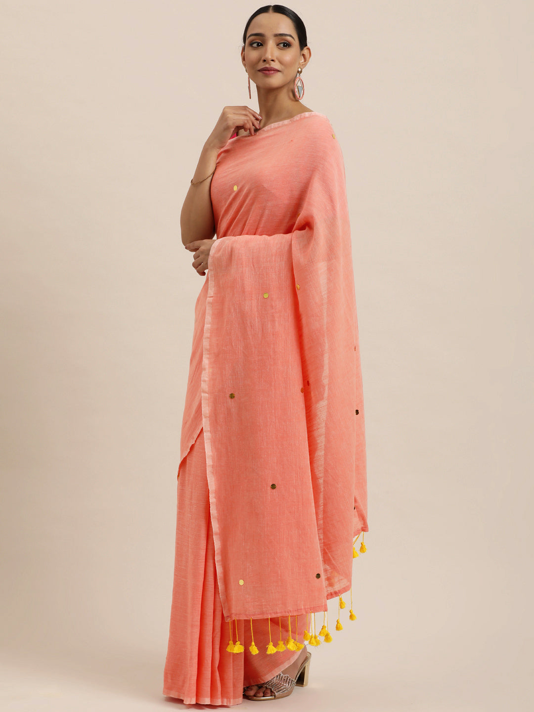 Peach-Coloured & Gold-Toned Embellished Pure Cotton Saree (TDSR3-24-PEACH)