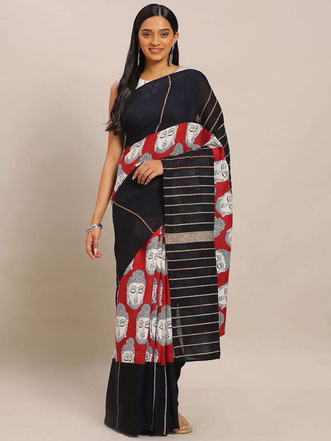 Pure Cotton Black & Maroon Buddha Printed Handwoven Linen Saree (NASR2-32-BLACK)