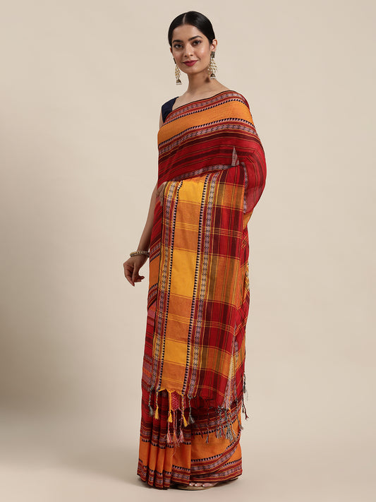 Red & Yellow Striped Pure Cotton Handloom Saree (TDSR2-19-RED)