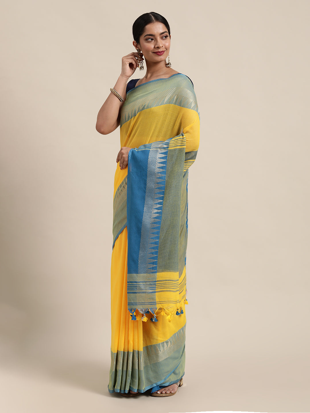 Yellow & Blue Zari Pure Cotton Saree (TDSR2-16-YELLOW)