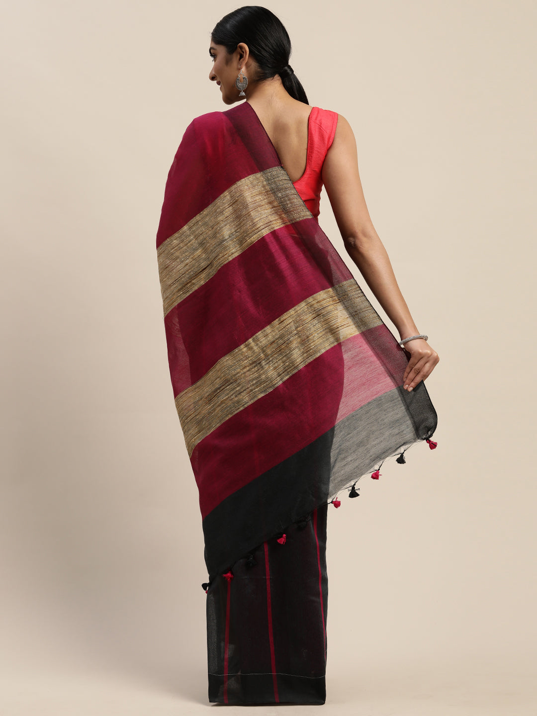 Black & Pink Handloom Striped Saree (TDSR-01-BLACK)