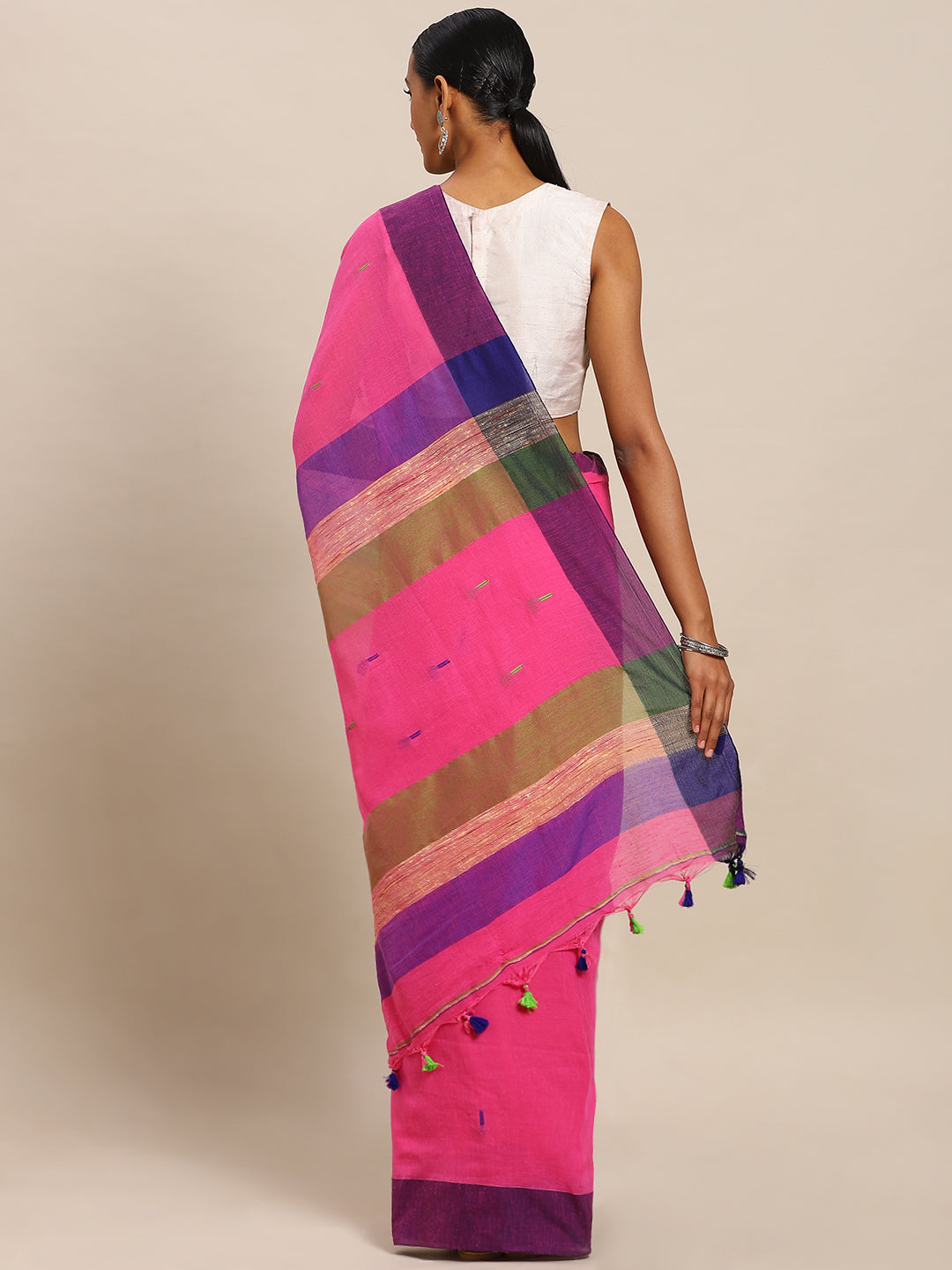 Pink Pure Cotton Embroidered Linen Saree (NASR2-57-PINK)