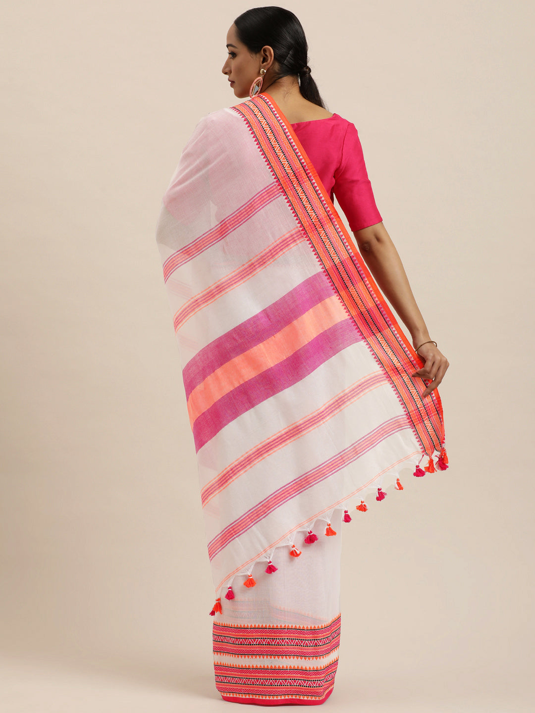 White & Orange Striped Pure Cotton Saree (TDSR3-21-WHITE)