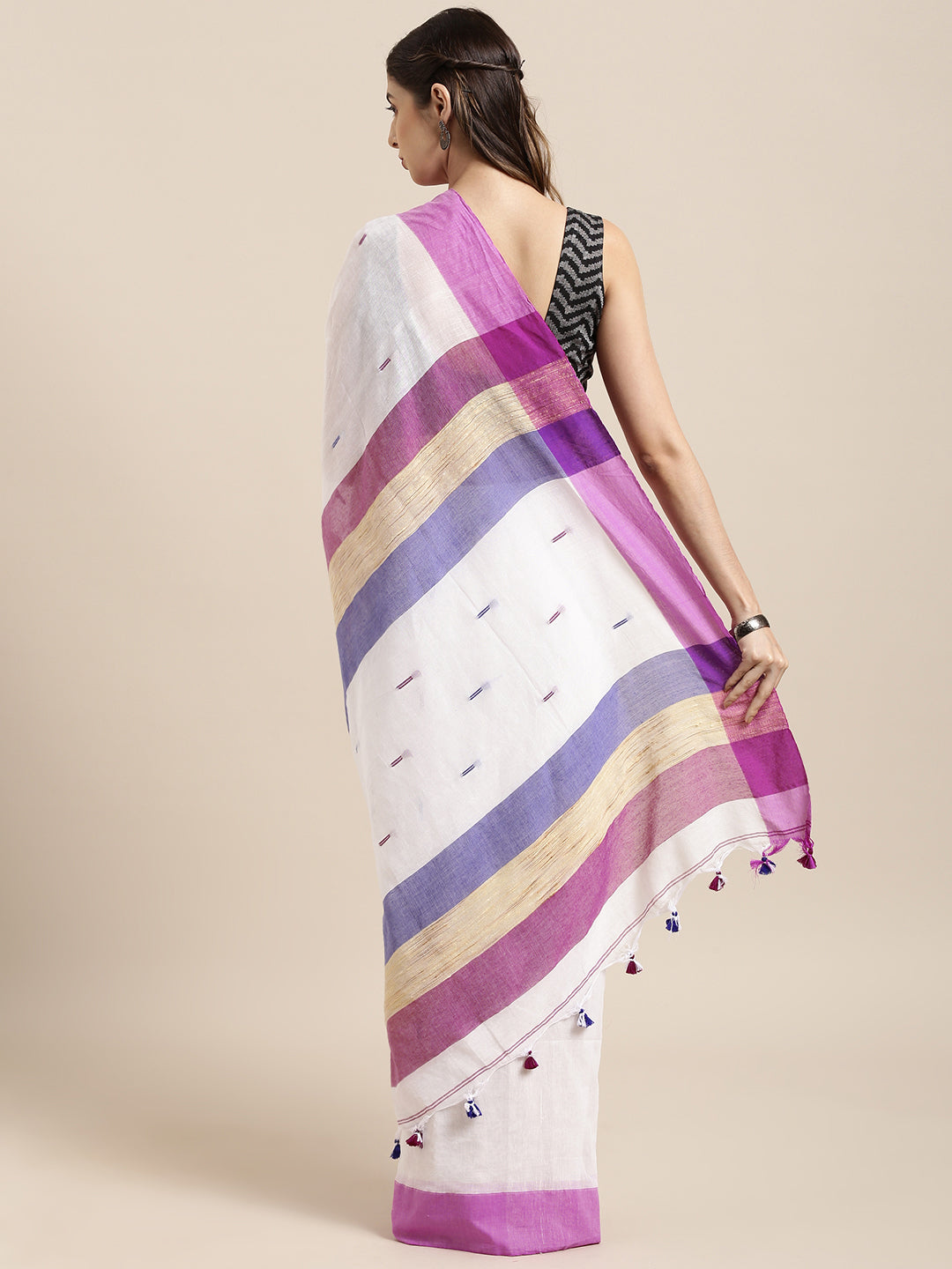 White & Pink Pure Cotton Woven Design Linen Saree (NASR1-15-WHITE)