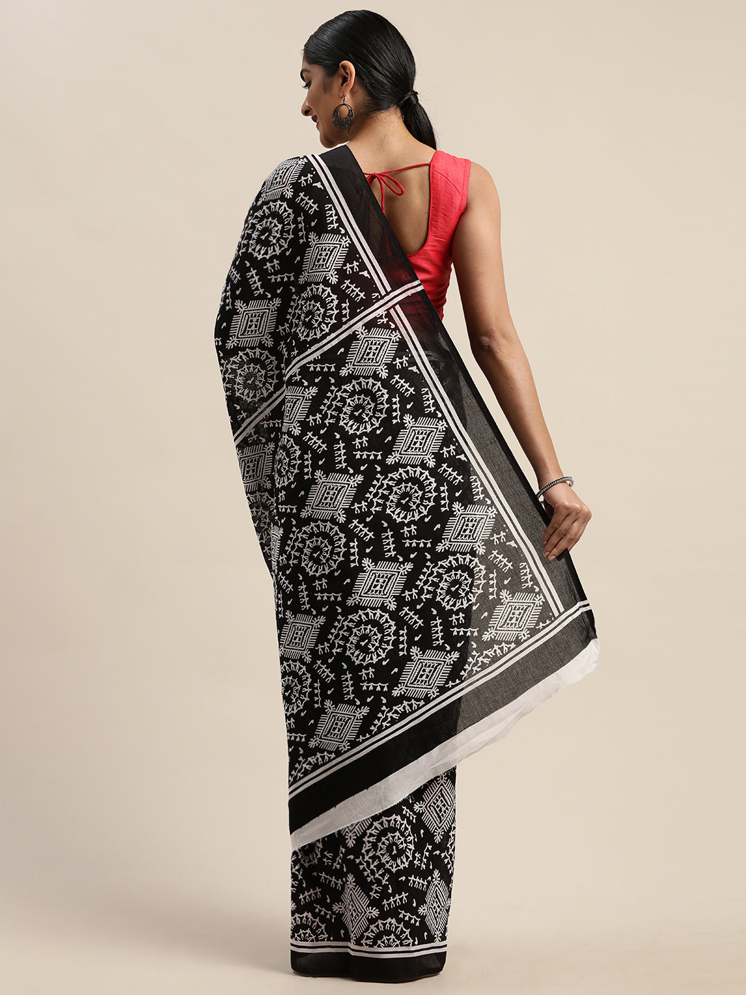 Black & White Pure Cotton Printed Saree (TDSR-15-BLACK)