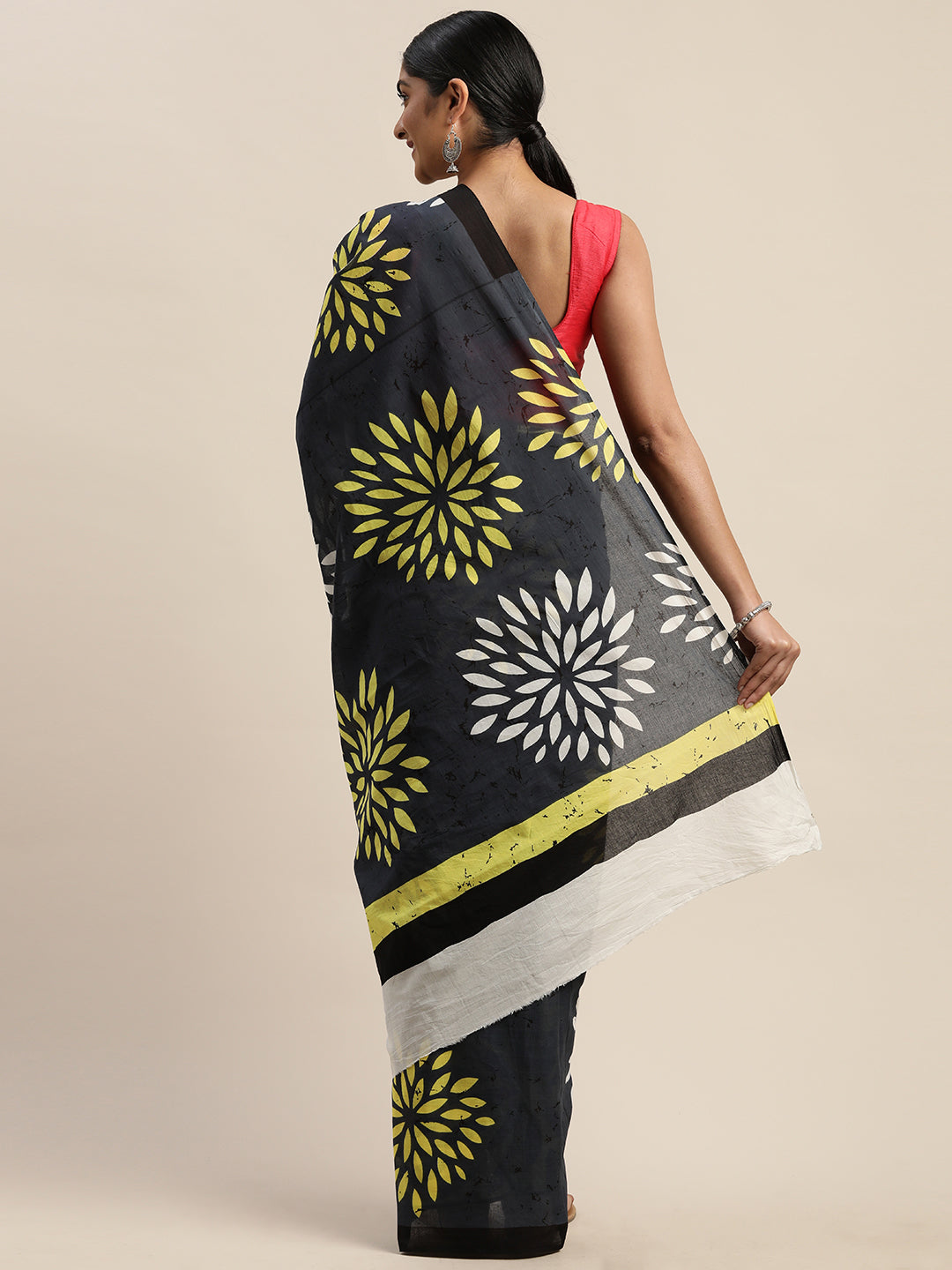 Grey & White Pure Cotton Handloom Printed Saree (TDSR-13-GREY)