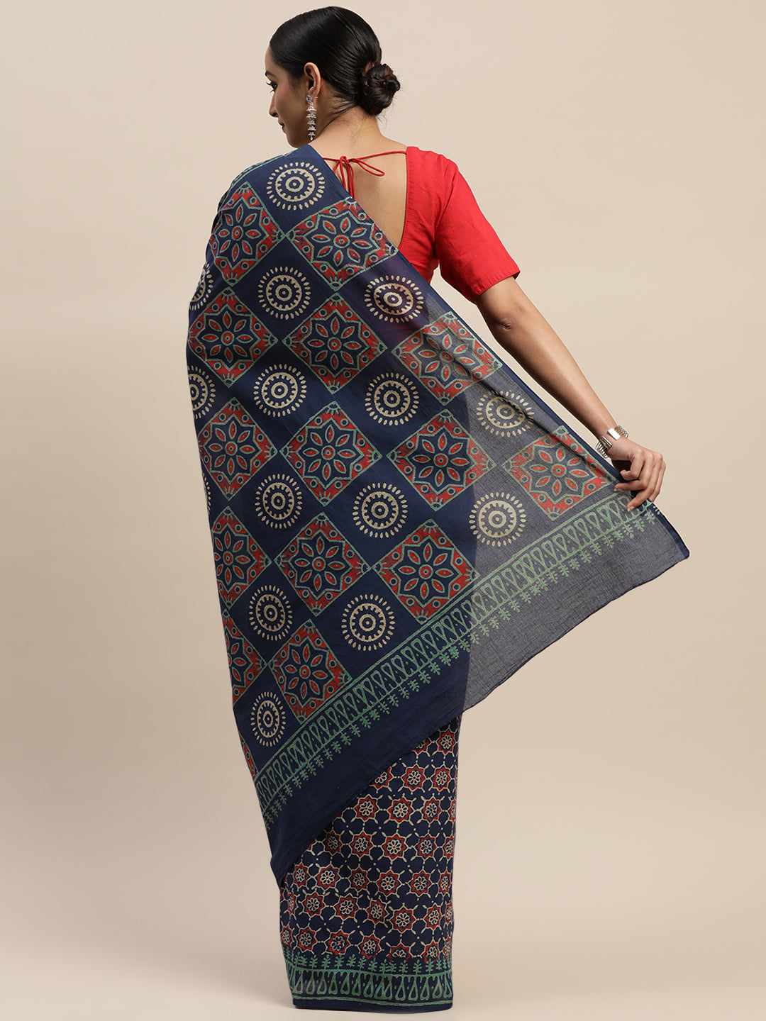 Navy Blue & Maroon Pure Cotton Printed Dabu Saree (TDSR-08-BLUE)