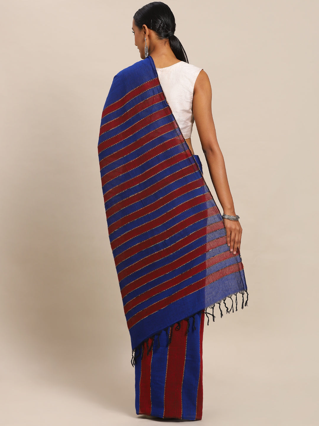 Blue & Maroon Pure Cotton Striped Pure Handloom Soft Linen Saree (NASR2-36-BLUE)