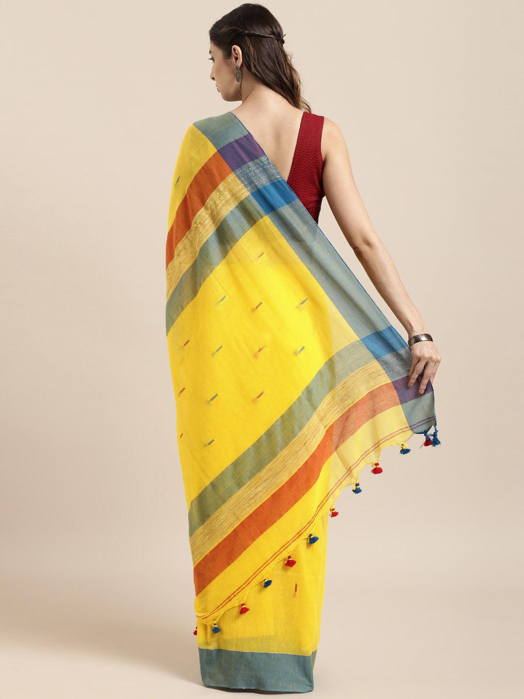 Yellow & Blue Pure Cotton Woven Design Linen Saree (NASR1-16-YELLOW)