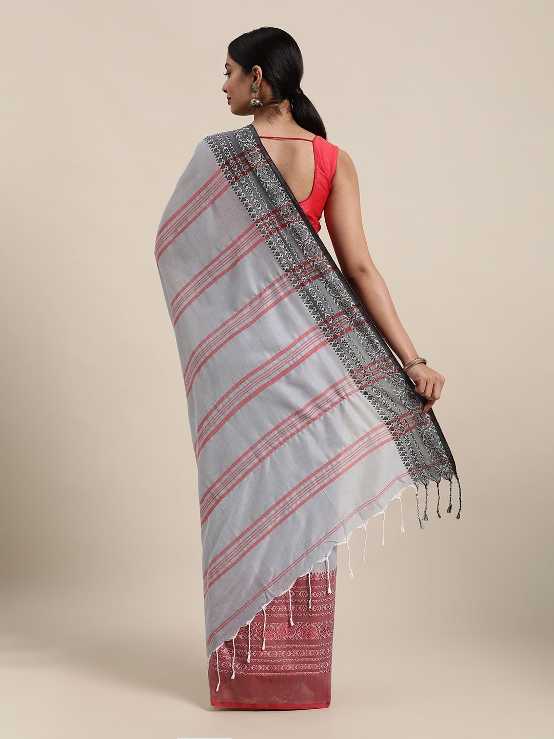 Grey & Red Ethnic Motifs Pure Cotton Saree (TDSR2-18-GREY)