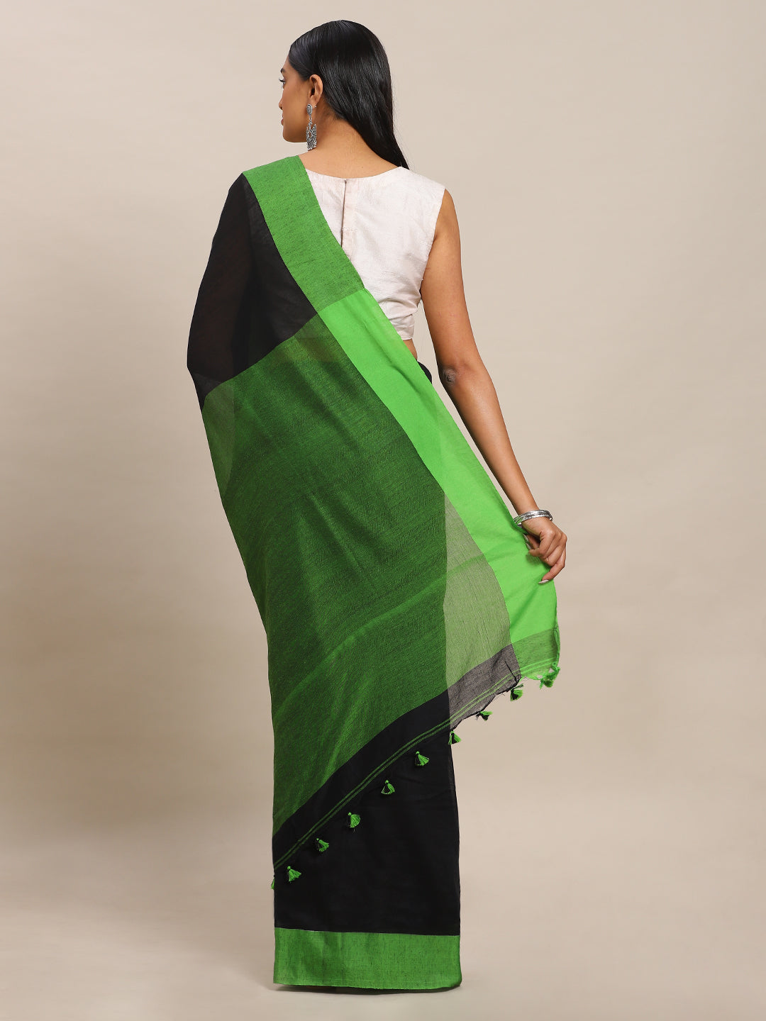 Black Pure Cotton Solid Bengal Handloom Soft Linen Saree (NASR2-42-BLACK)