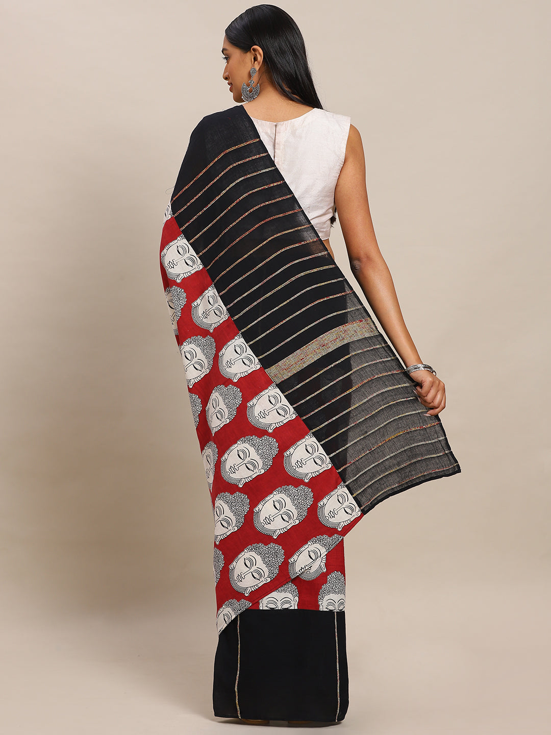 Pure Cotton Black & Maroon Buddha Printed Handwoven Linen Saree (NASR2-32-BLACK)