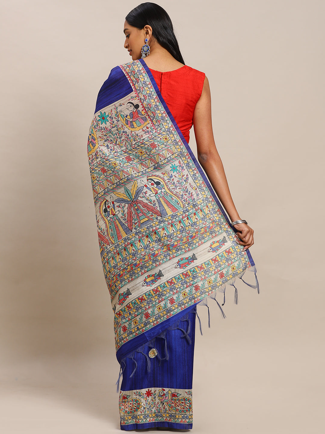 Navy Blue Pure Silk Handcrafted Madhubani Printed Tussar Saree (NASR2-46-NBLUE)