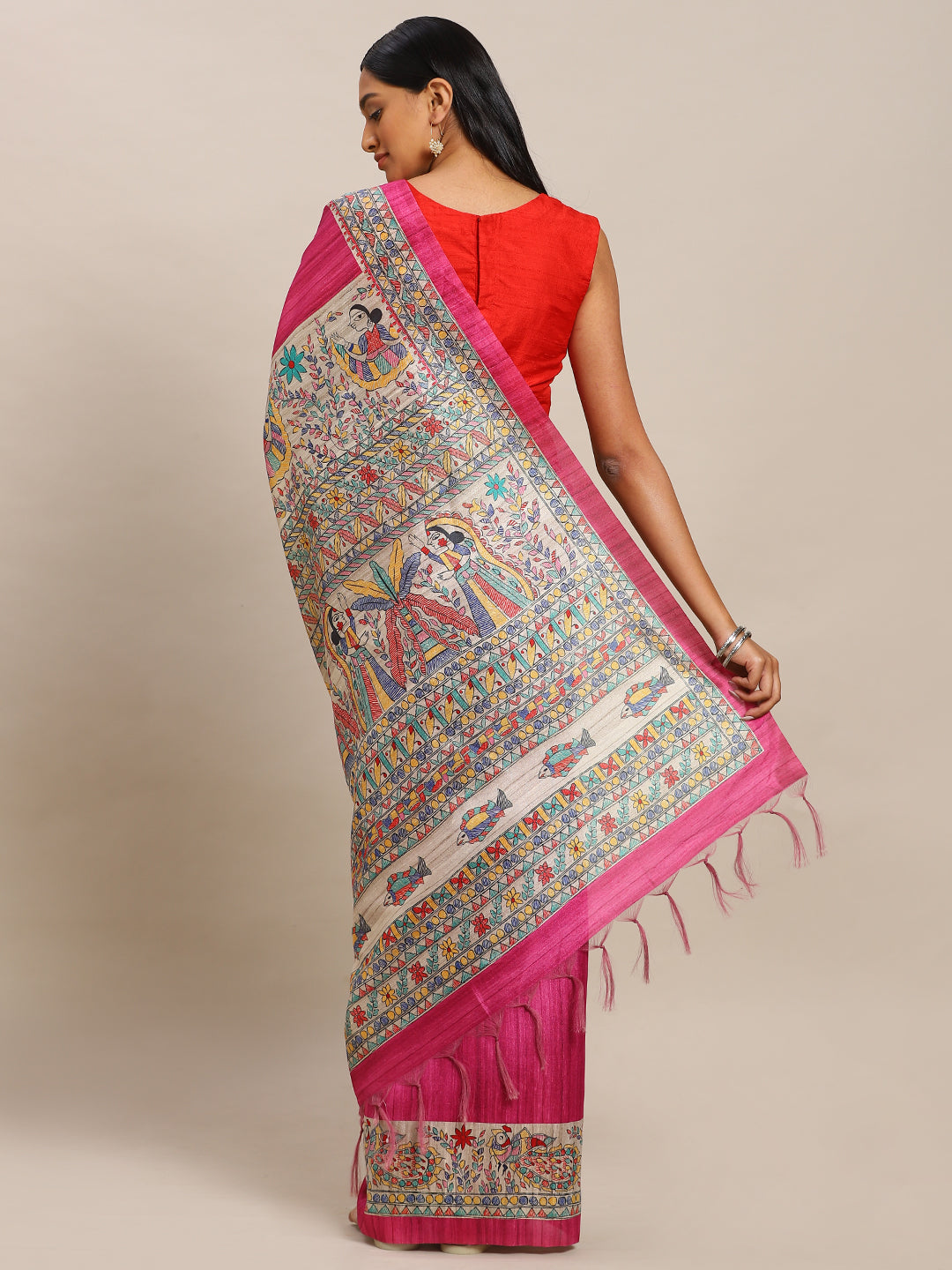 Pink & Beige Pure Silk Madhubani Printed Tussar Saree (NASR2-44-PINK)