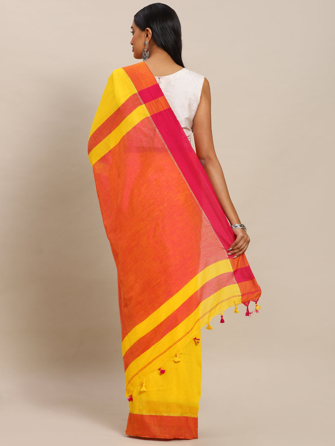 Yellow & Pink Pure Cotton Solid Bengal Handloom Soft Linen Saree (NASR2-40-YELLOW)