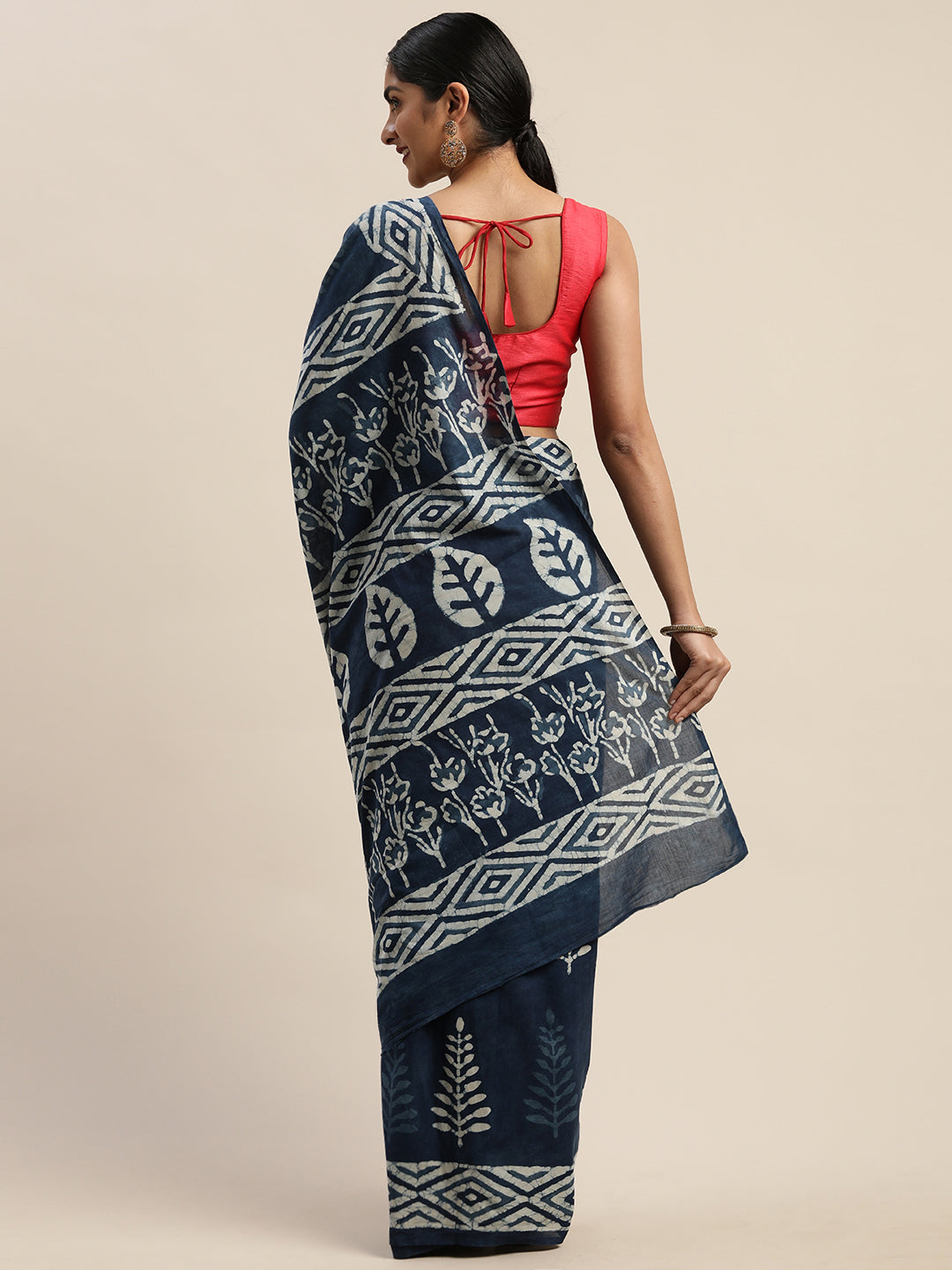 Navy Blue & White Pure Cotton Printed Dabu Saree (TDSR-12-BLUE)