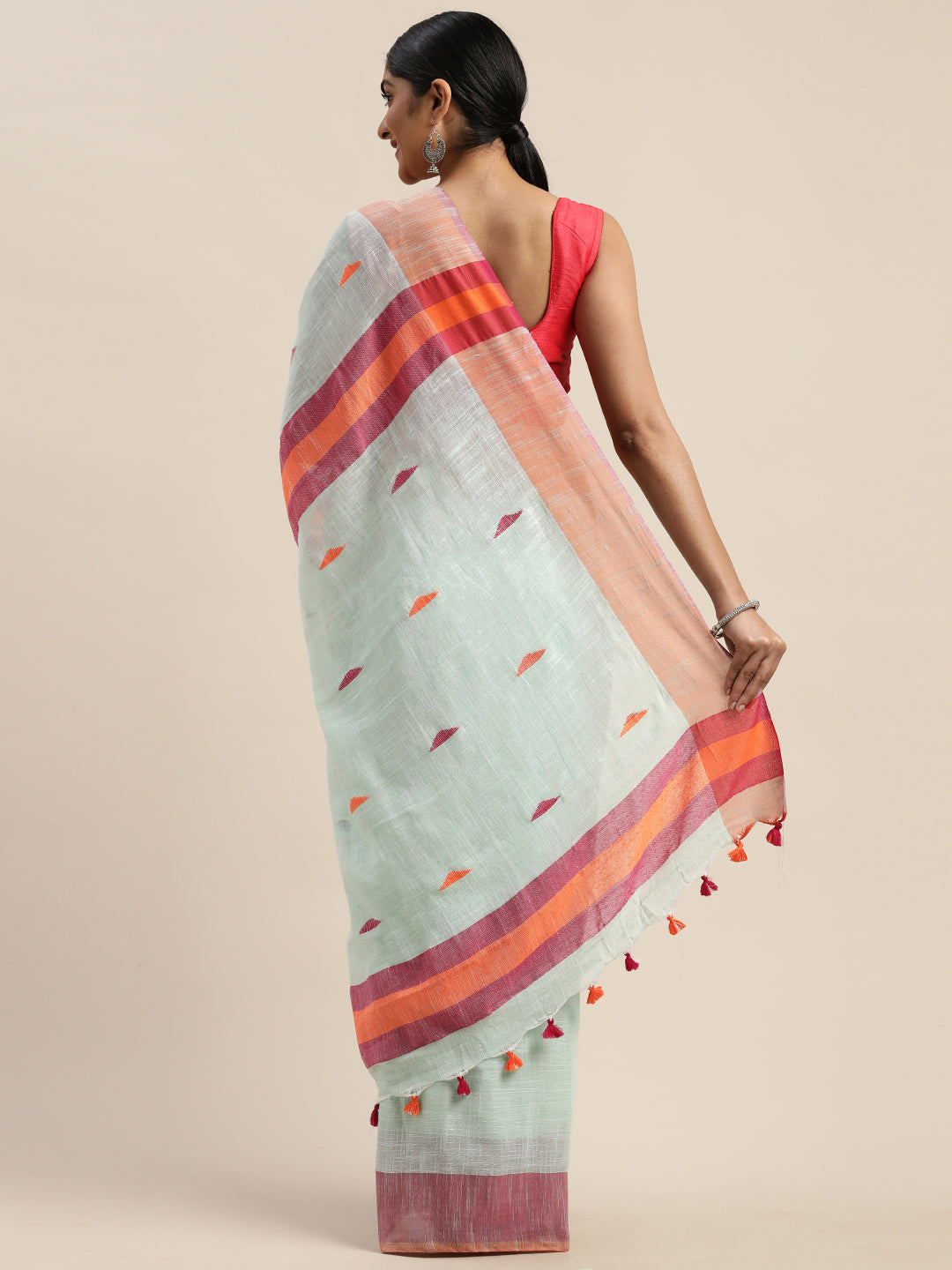 Sea Green Pure Cotton Woven Design Handloom Linen Saree (TDSR-03-SGREEN)