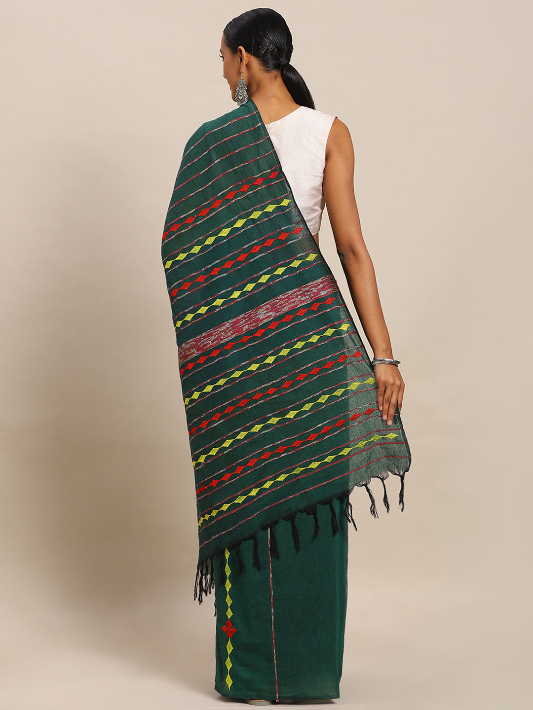 Green & Yellow Pure Cotton Hand Woven Design Kantha Linen Khesh Saree (NASR2-29-GREEN)