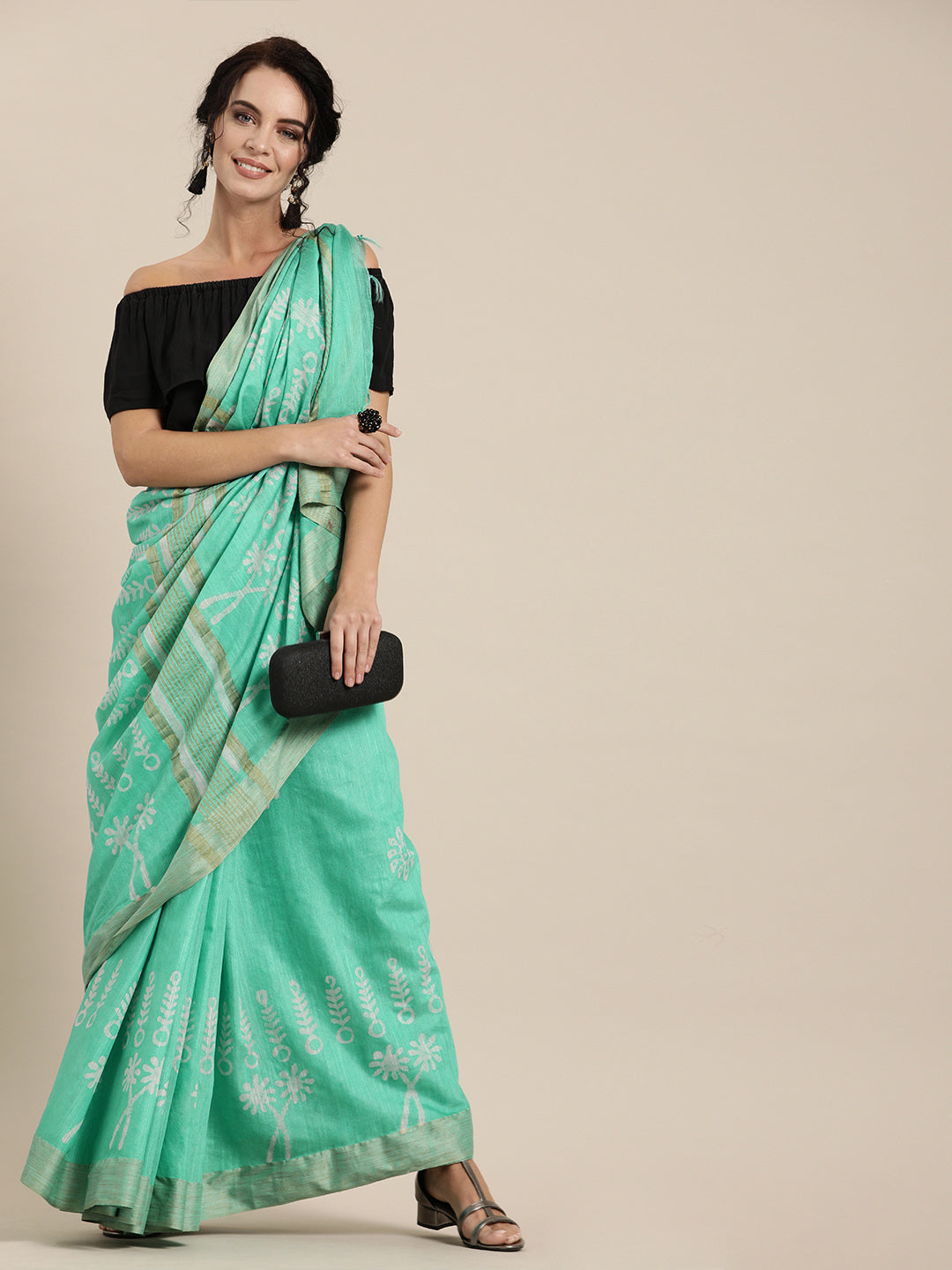 Sea Green Silk Blend Batik Print Chanderi Saree (NASR1-03--SGREEN)