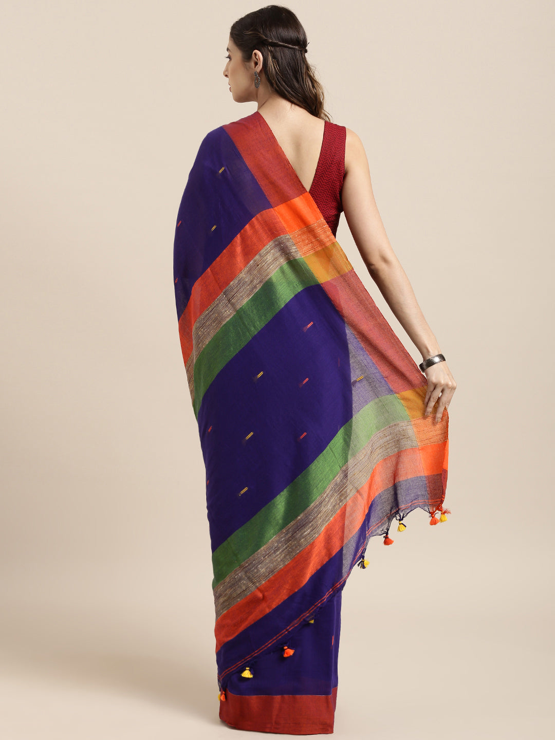 Blue & Orange Pure Cotton Solid Linen Saree (NASR1-12-BLUE)