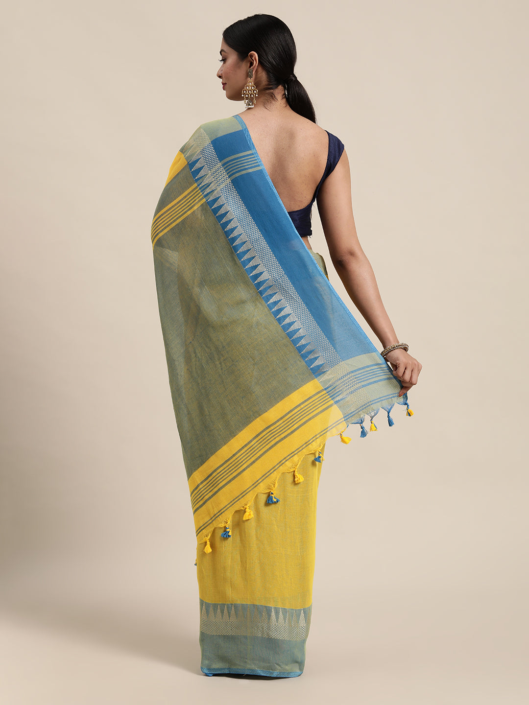 Yellow & Blue Zari Pure Cotton Saree (TDSR2-16-YELLOW)