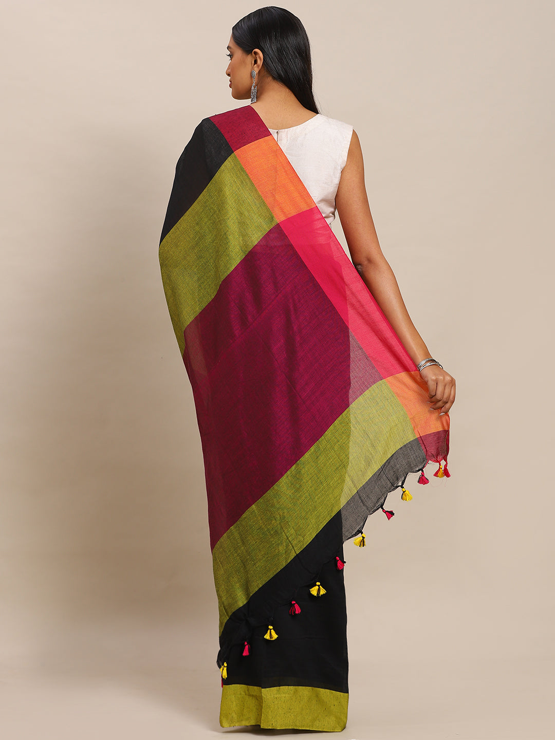 Black Pure Cotton Solid Bengal Handloom Soft Linen Saree (NASR2-39-BLACK)