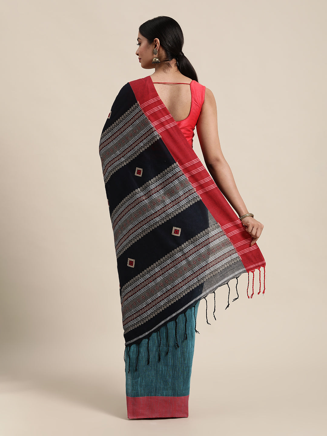 Teal Blue & Red Pure Cotton Saree (TDSR2-20-BLUE)