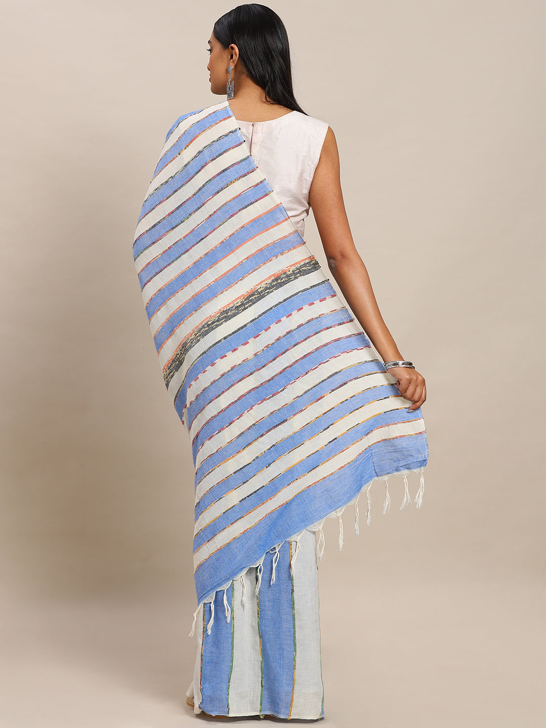 Blue Pure Cotton Striped Pure Handloom Soft Linen Saree (NASR2-23-DBLUE)