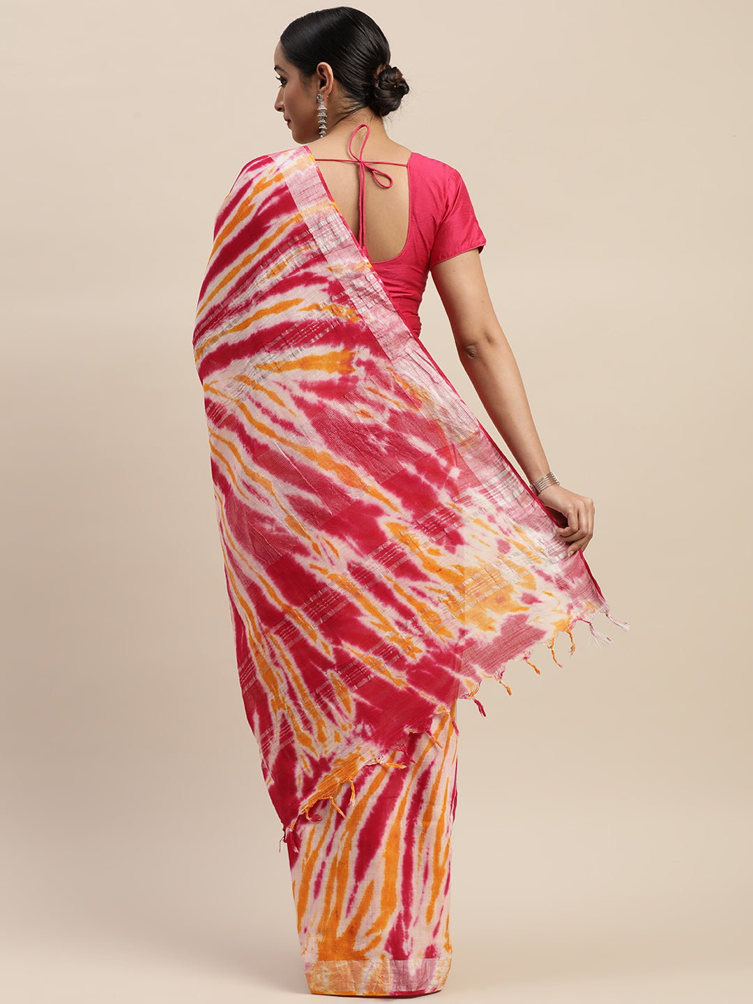 Orange & Pink Pure Cotton Printed Linen Saree (TDSR-10-ORANGE)