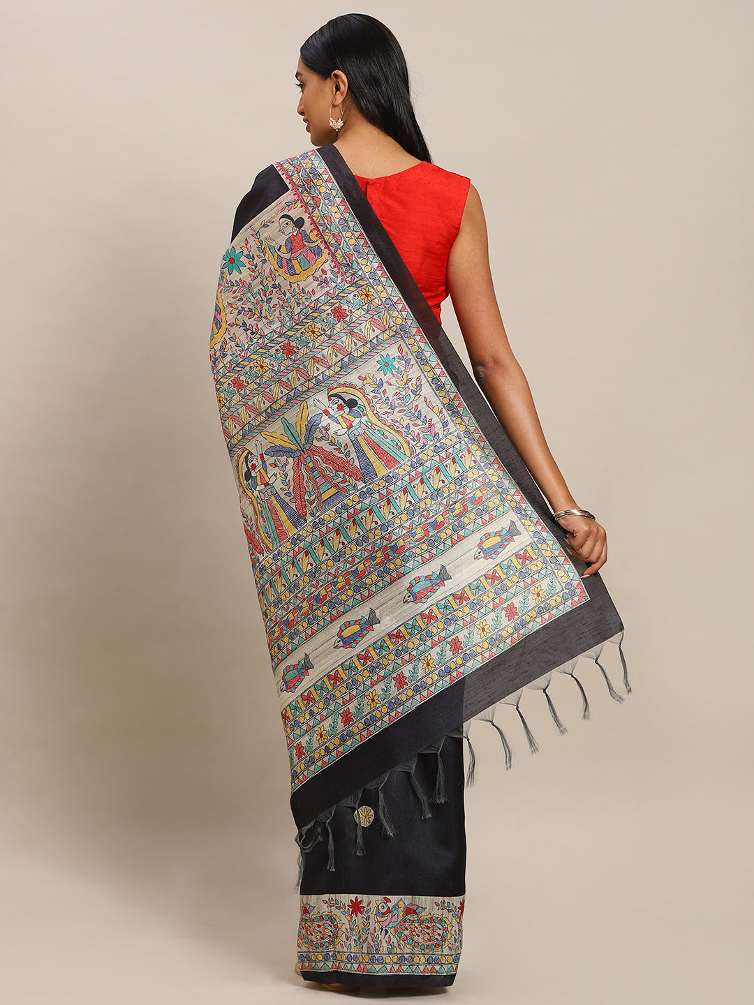 Pure Silk Black & Beige Madhubani Printed Tussar Saree (NASR2-48-BLACK)