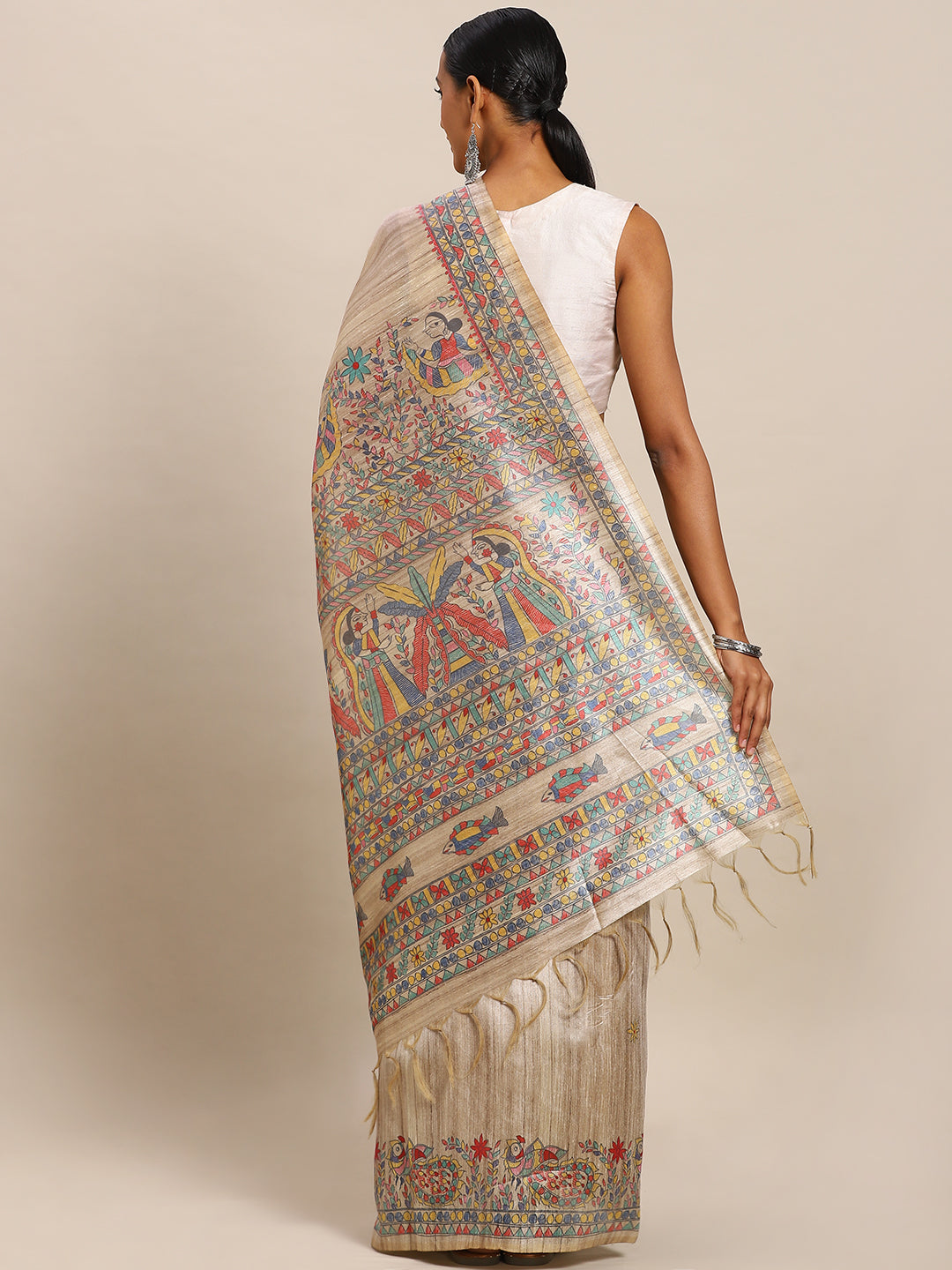 Pure Silk Printed Beige Tussar Saree (NASR2-47-BROWN)