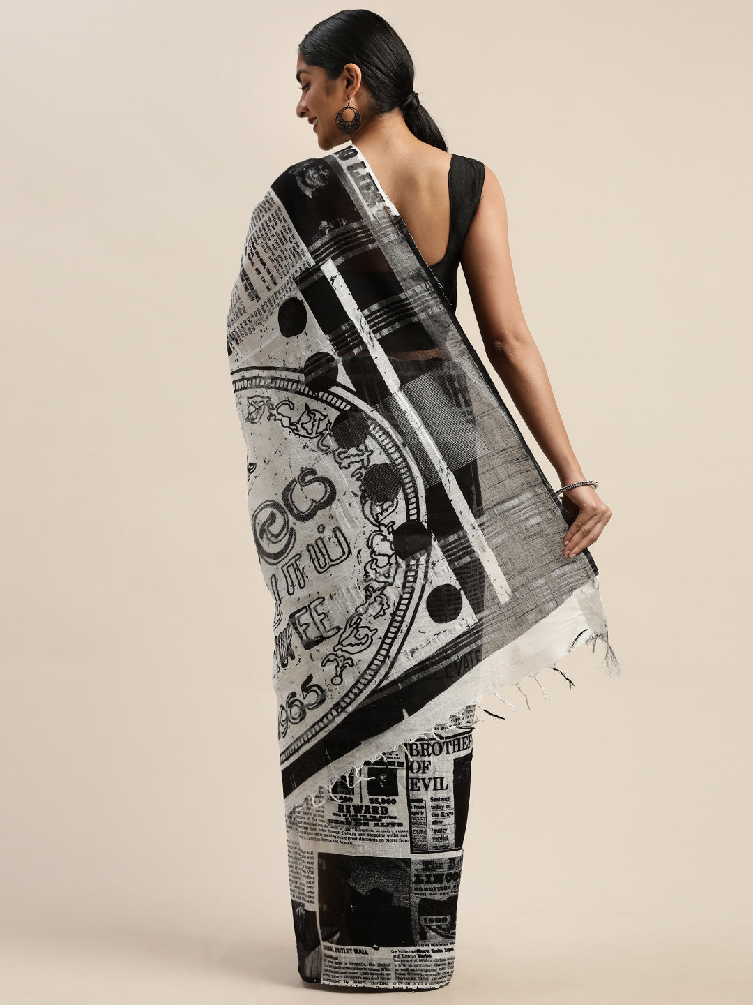 Black & White Pure Cotton News Paper Printed Linen Saree (TDSR-09-BLACK)