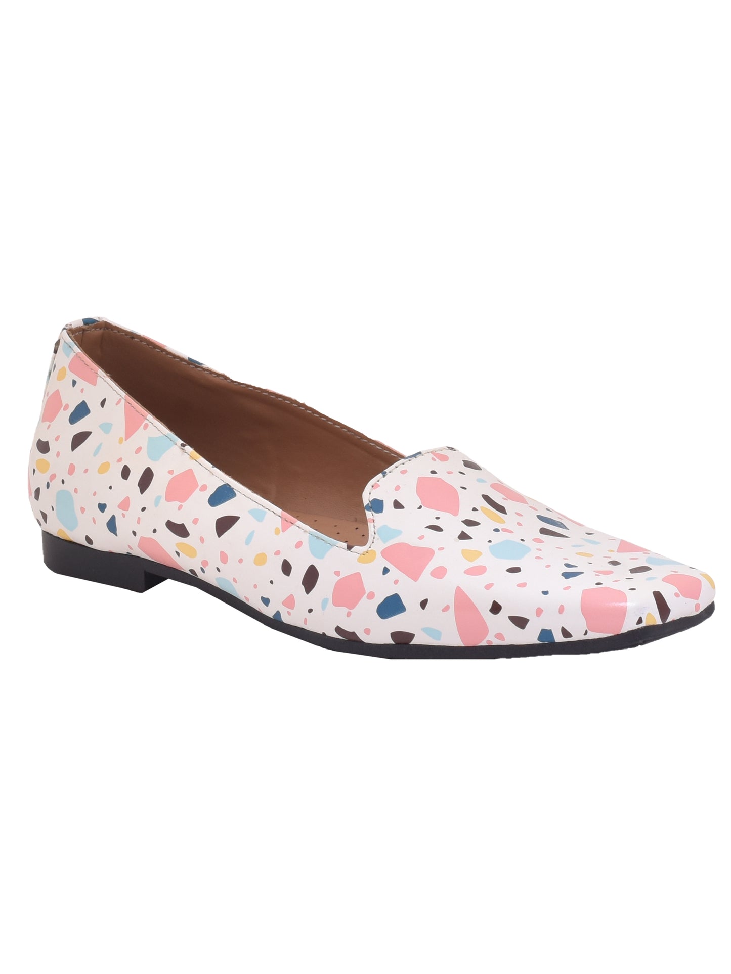 Women White Printed Vegan Ballerinas Flats (OMFLT-1007-WHITE)