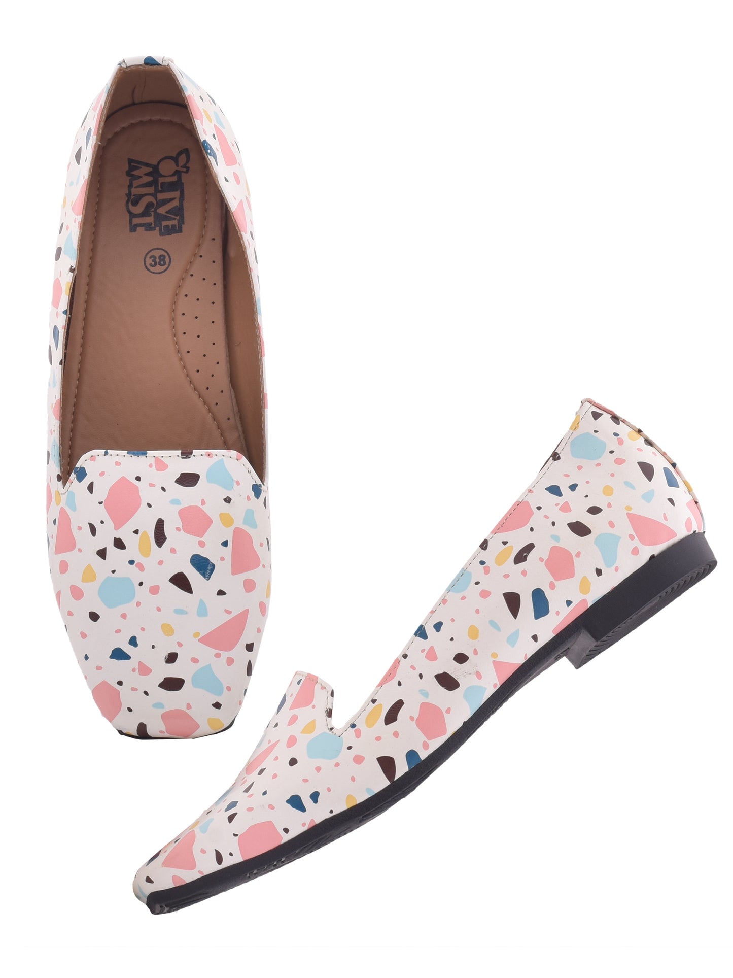 Women White Printed Vegan Ballerinas Flats (OMFLT-1007-WHITE)