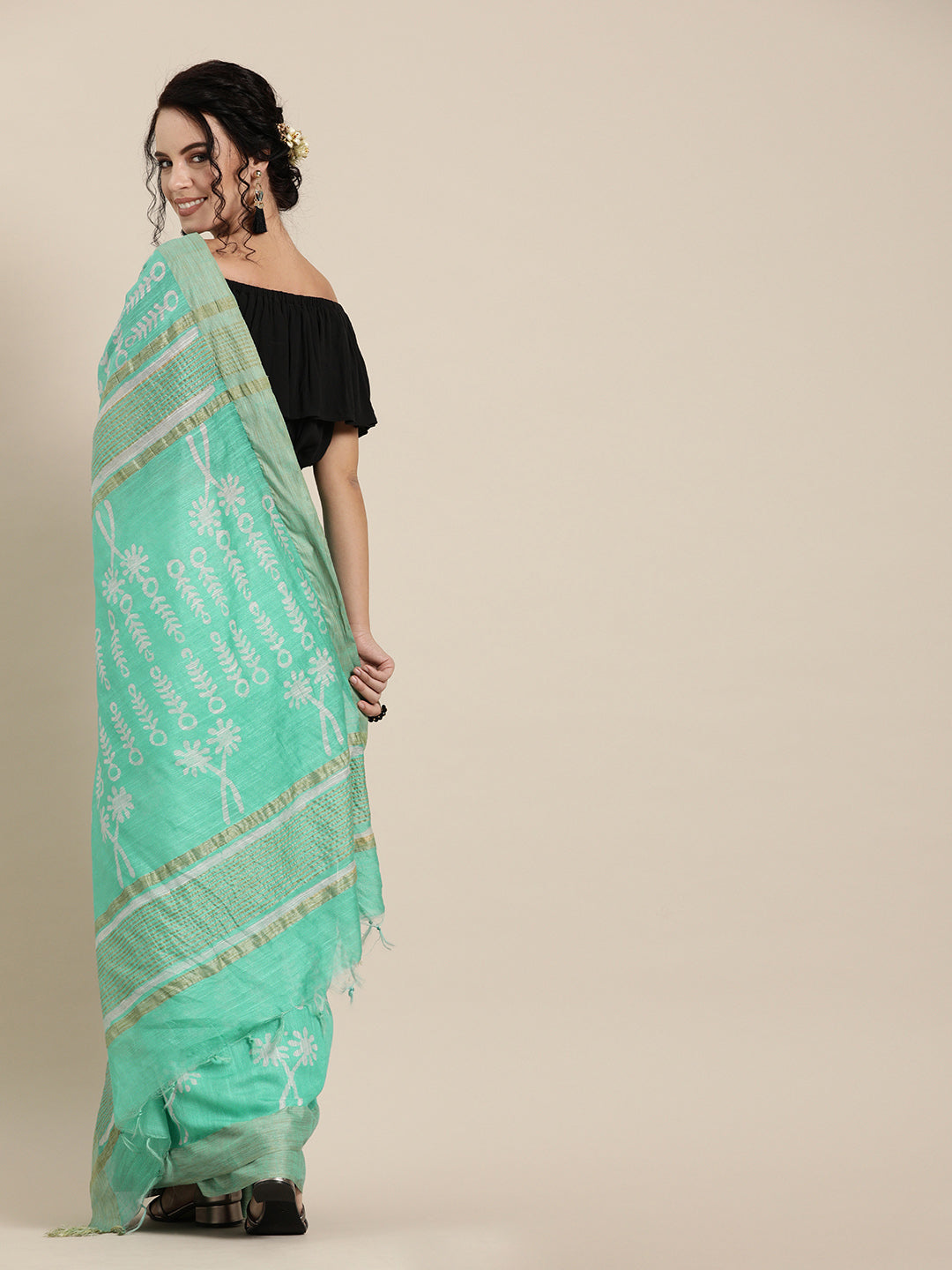 Sea Green Silk Blend Batik Print Chanderi Saree (NASR1-03--SGREEN)