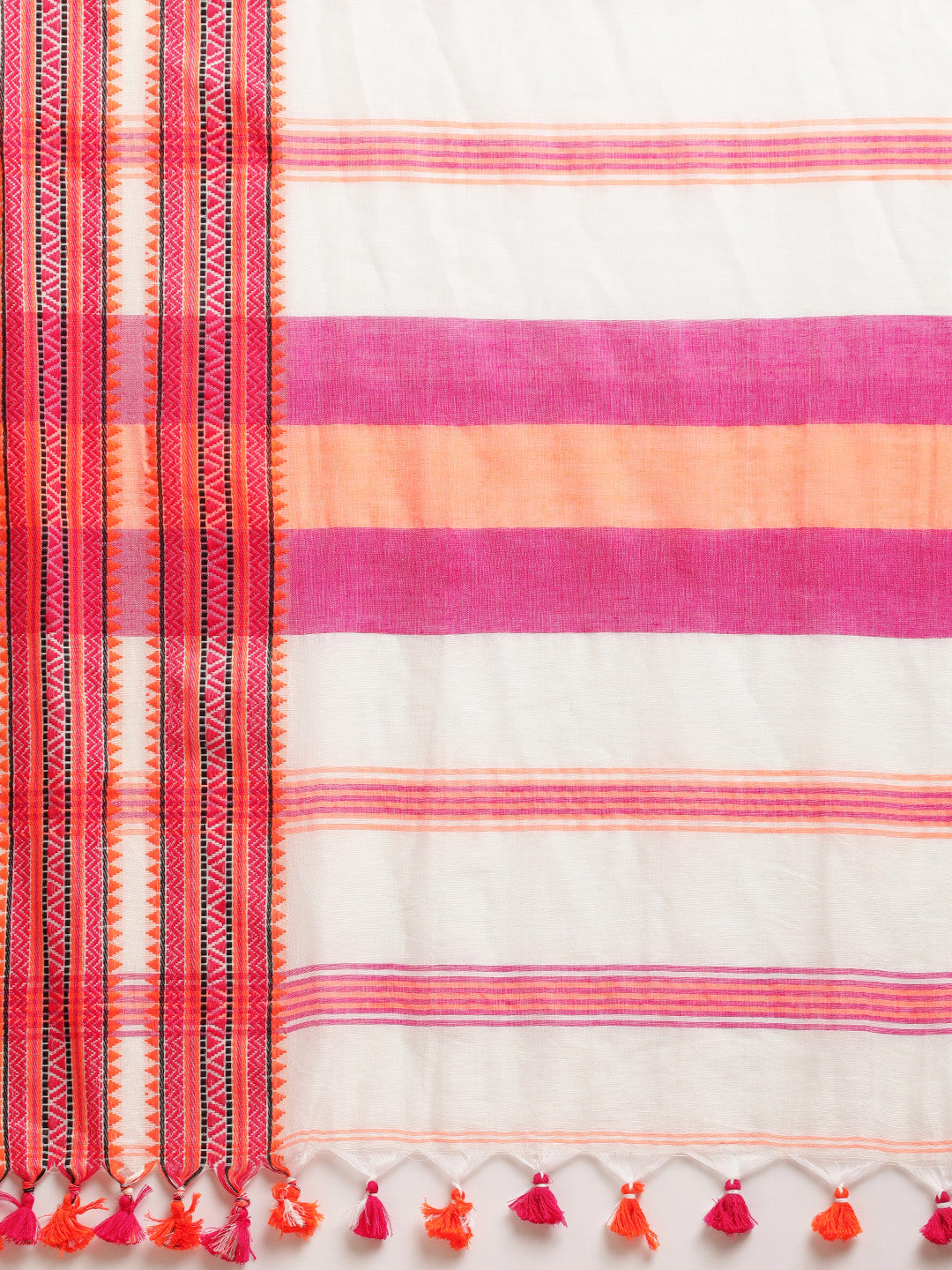 White & Orange Striped Pure Cotton Saree (TDSR3-21-WHITE)