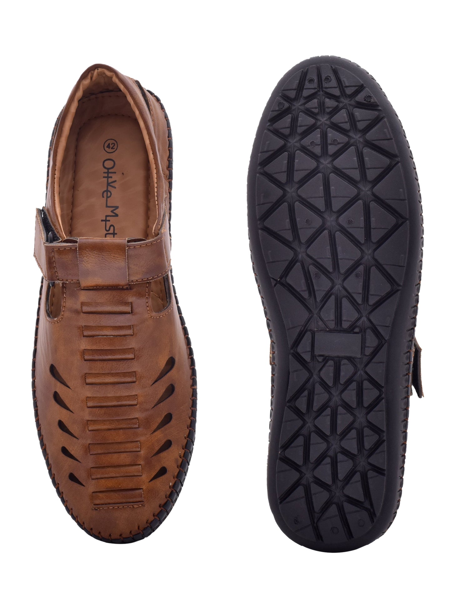 Men Tan & Black Vegan Shoe-Style Ethnic Sandals (OMCS-05-TAN)