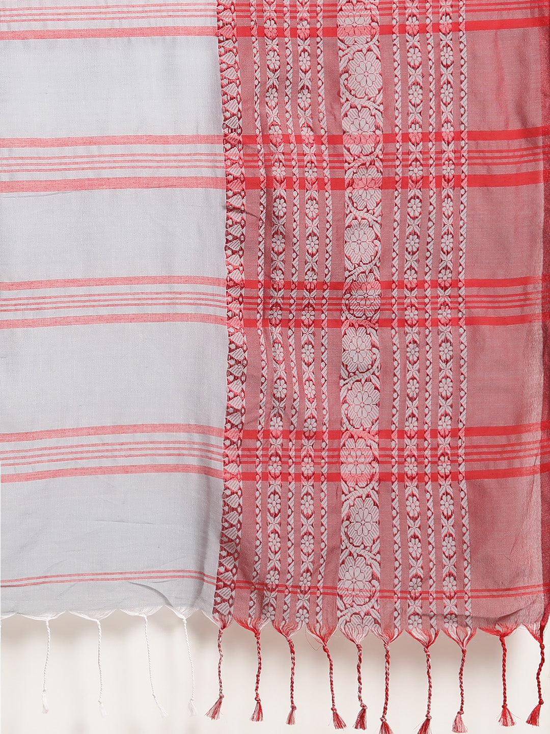 Grey & Red Ethnic Motifs Pure Cotton Saree (TDSR2-18-GREY)