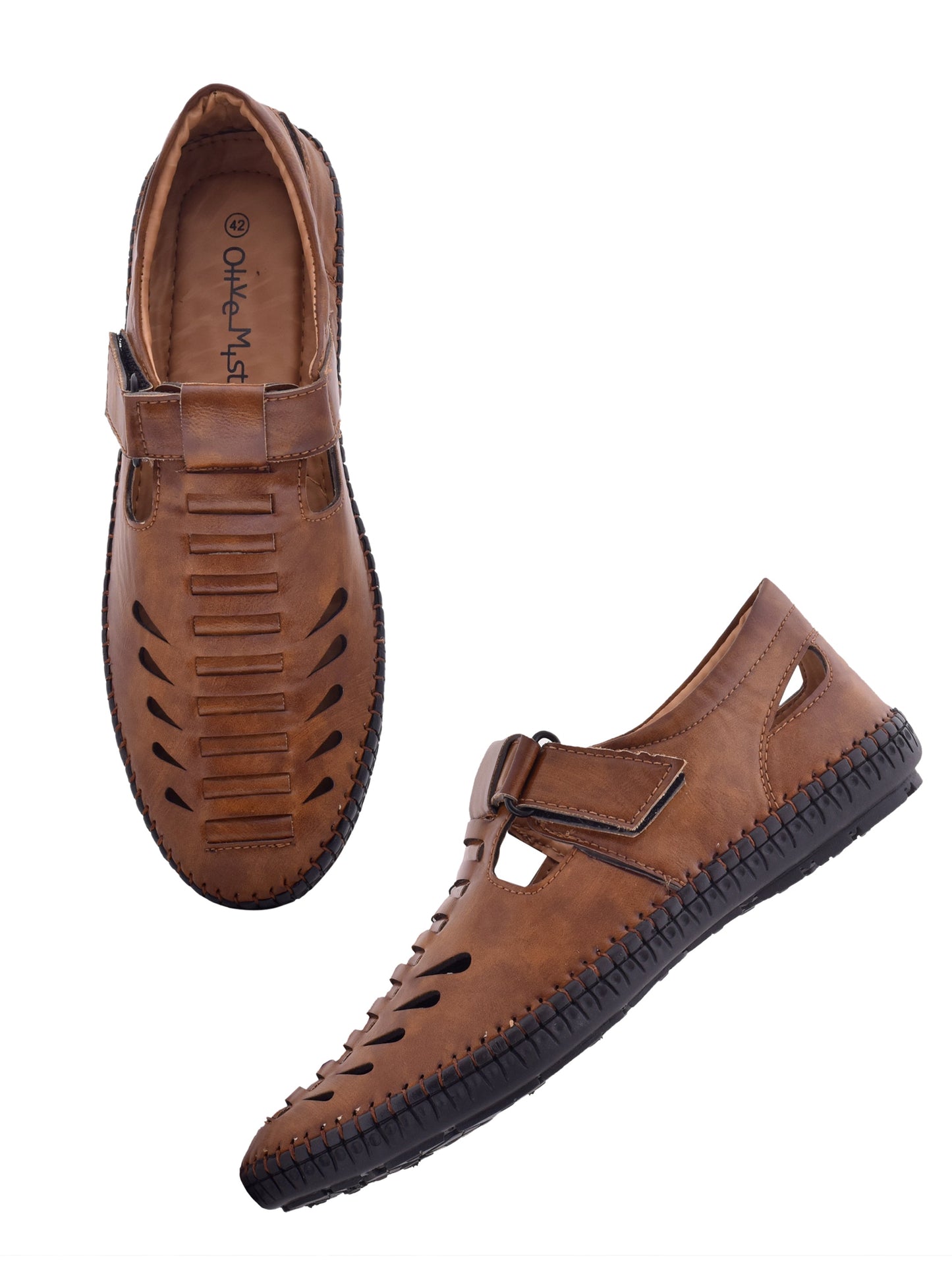 Men Tan & Black Vegan Shoe-Style Ethnic Sandals (OMCS-05-TAN)