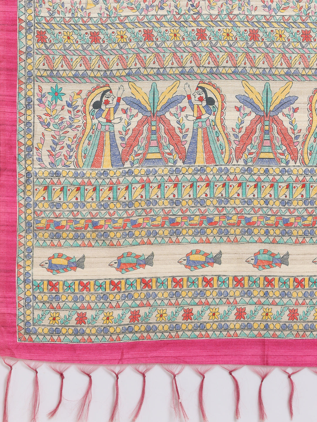 Pink & Beige Pure Silk Madhubani Printed Tussar Saree (NASR2-44-PINK)