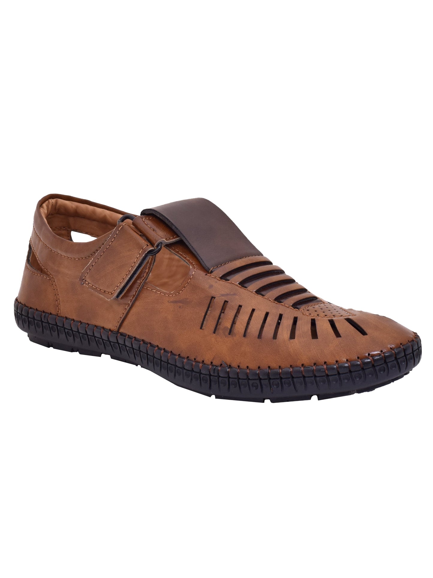 Men Tan & Brown Vegan Shoe-Style Ethnic Sandals (OMCS-03-TAN)