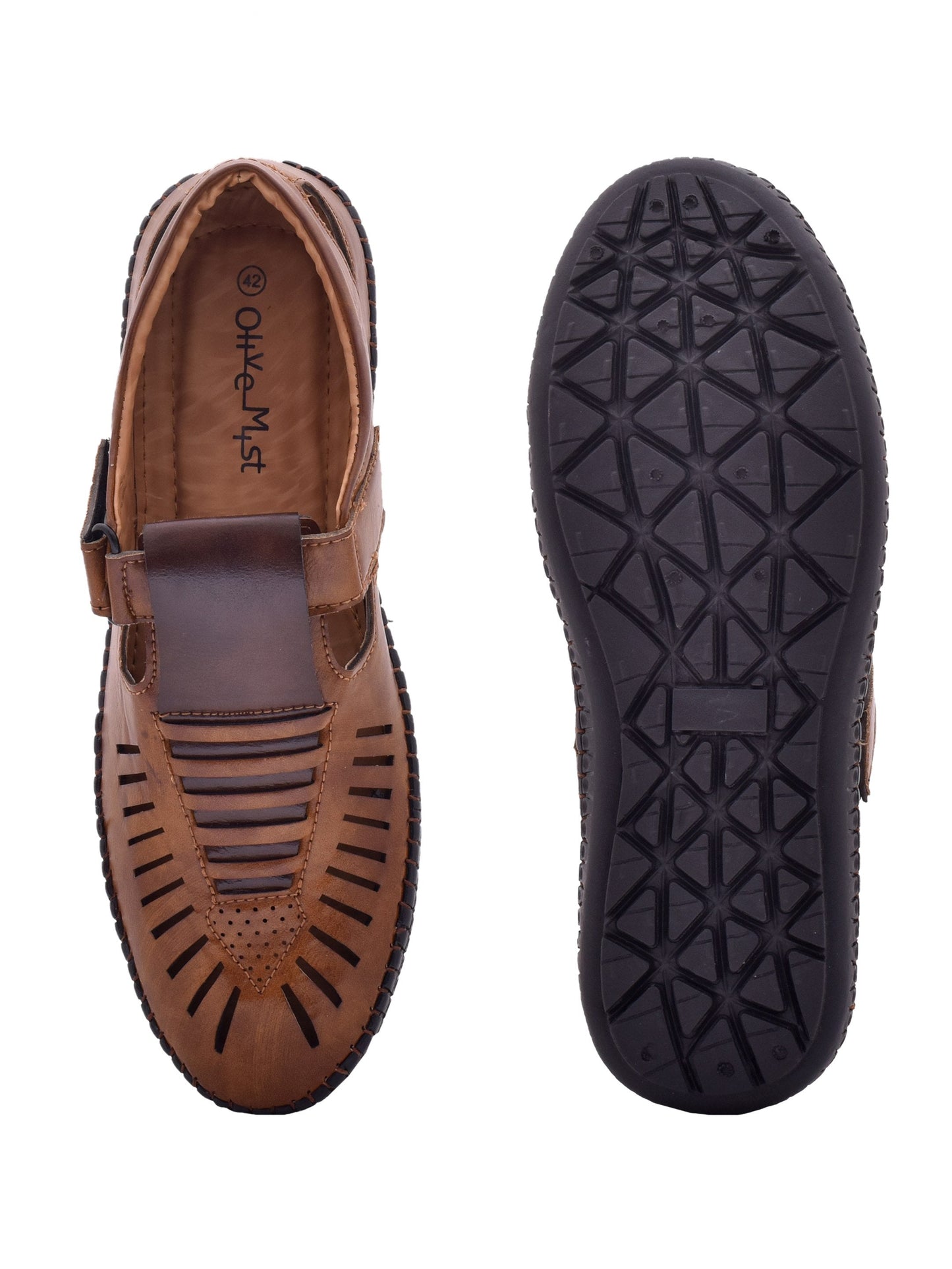 Men Tan & Brown Vegan Shoe-Style Ethnic Sandals (OMCS-03-TAN)